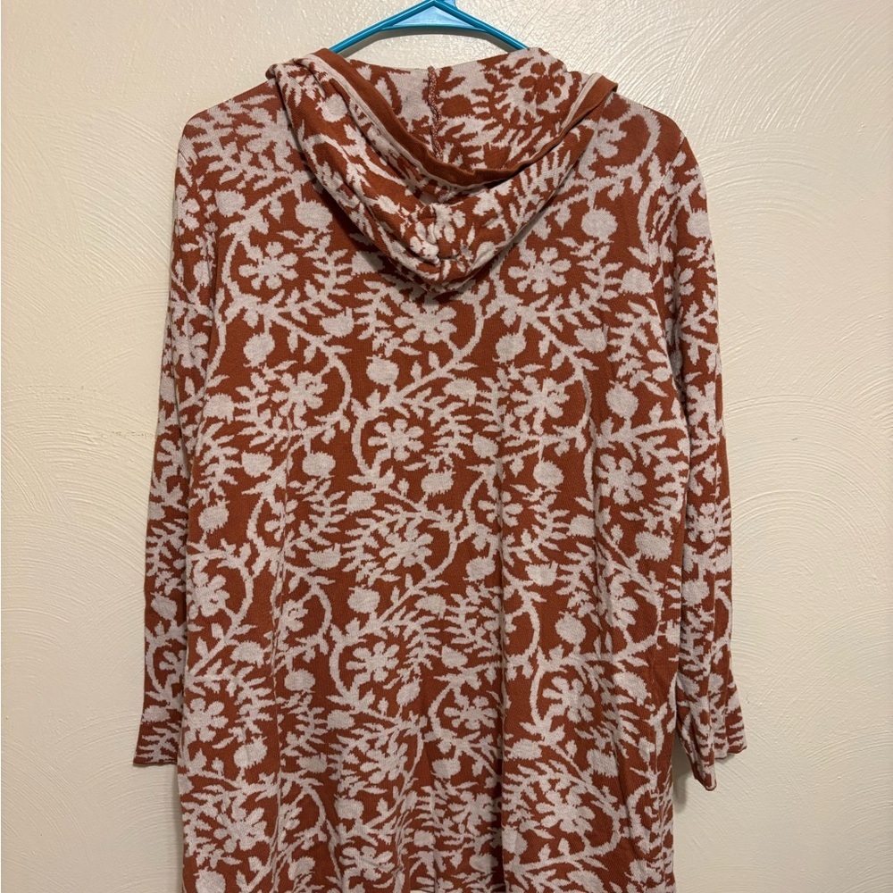 Belldini Rust Cream Floral Hooded Knit Cardigan Open Front Pockets Size L/XL - Picture 8 of 8